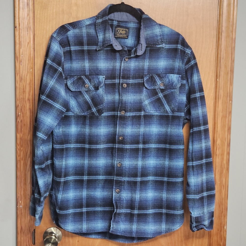 Jack's MFG‎ Heritage Flannel LARGE Button Up Blue/Black Plaid 100% Cotton Mens